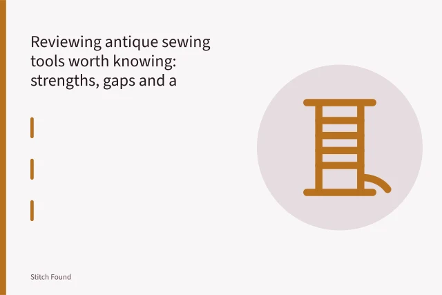 Antique sewing tools: thimble, sewing bird, darning egg, tambour hook, tatting shuttle on wood. Reviewing antique sewing tools worth knowing: strengths, gaps and a verdict