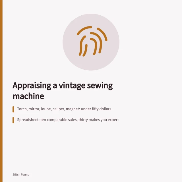 Appraisal kit items and a spreadsheet for valuing a vintage sewing machine. When is an appraisal kit ready to quote a vintage machine value range