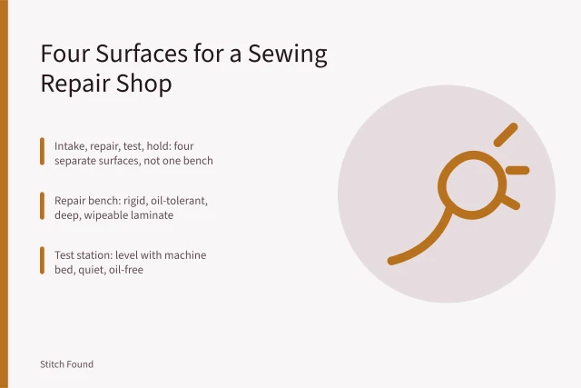 Four labeled work surfaces for sewing machine repair shop workflow. Intake, repair, test: the three counters a sewing repair business needs