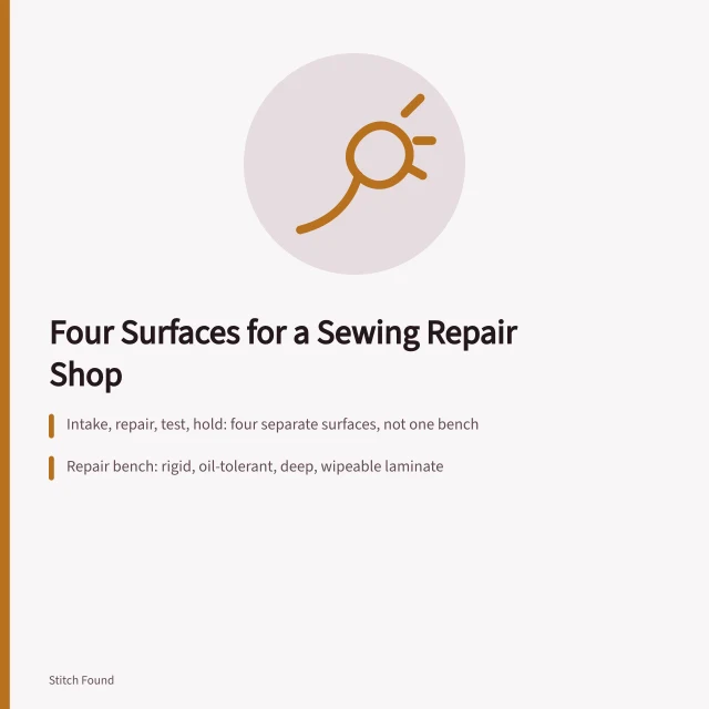 Four labeled work surfaces for sewing machine repair shop workflow. Intake, repair, test: the three counters a sewing repair business needs