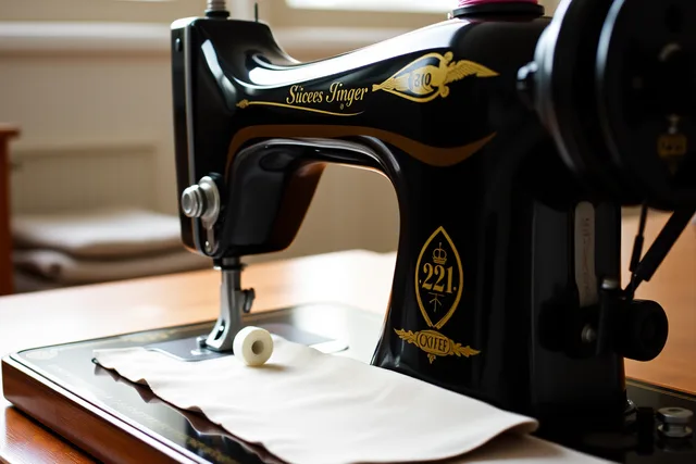 Vintage Singer 221 sewing machine stitching cotton fabric with needle down. Why do Canadian vintage sewing machine prices differ from US listings?