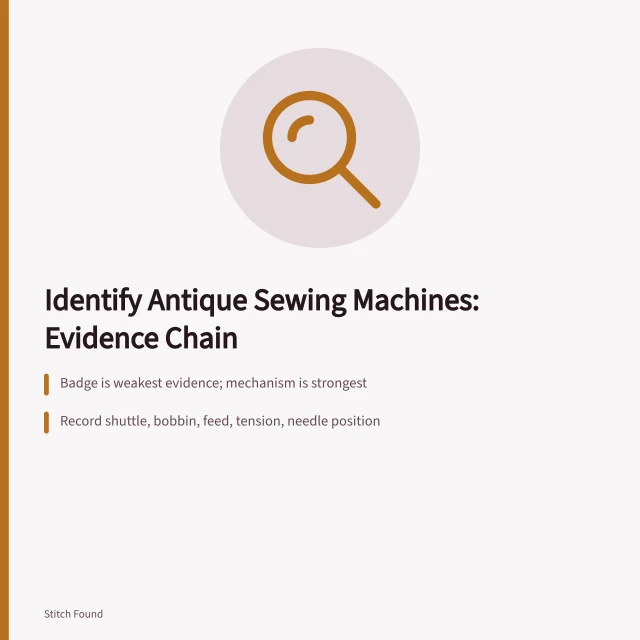 Workflow for identifying antique sewing machines using badge, mechanism, and measurements. The complete workflow for machine identification, badge to written finding