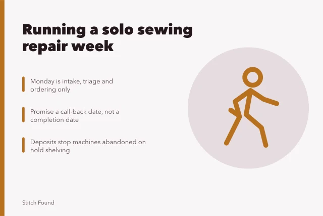 Card outlining a solo sewing repair operator's weekly triage and booking routine. Booking, triage and deposits: a solo sewing repair business week explained