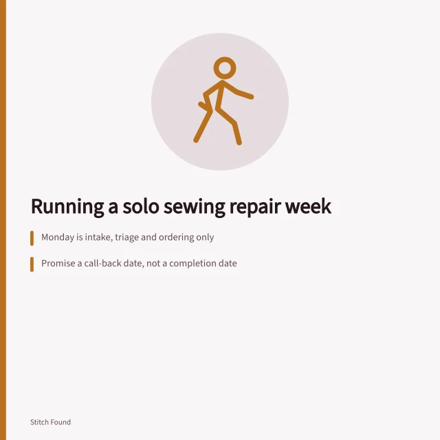 Card outlining a solo sewing repair operator's weekly triage and booking routine. Booking, triage and deposits: a solo sewing repair business week explained