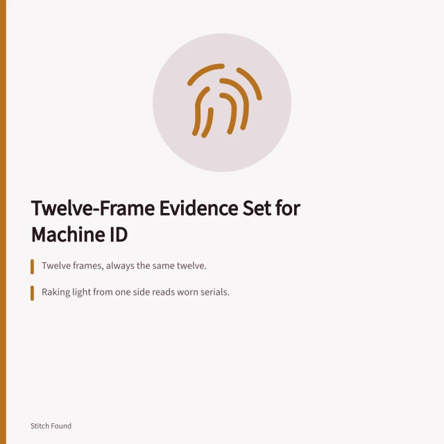 Twelve-frame photo evidence set for identifying a sewing machine. The twelve-frame evidence set for photographing machine identification claims