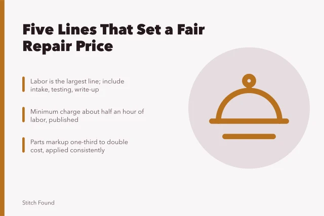Cost sheet lines for pricing sewing repair jobs. Does a five-line cost sheet set a fair sewing repair business price