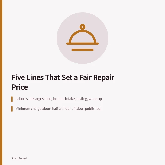 Cost sheet lines for pricing sewing repair jobs. Does a five-line cost sheet set a fair sewing repair business price