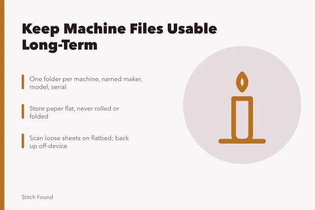 Card about storing sewing machine identification files and manuals long-term. Folders, scans, review: keeping machine identification files usable long-term