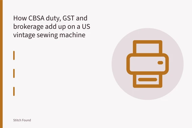 Vintage black Featherweight sewing machine with threaded needle stitching cotton fabric. How CBSA duty, GST and brokerage add up on a US vintage sewing machine