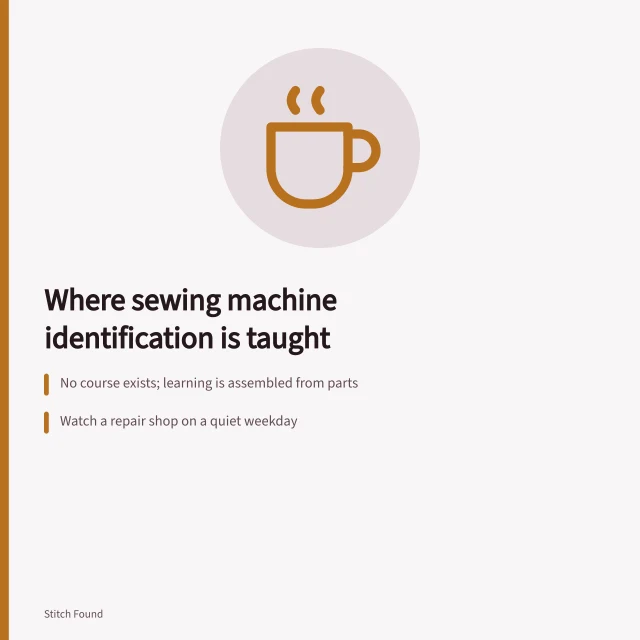 Card about learning sewing machine identification from shops, museums and archives. Repair shops, museums and speakers: where machine identification is taught
