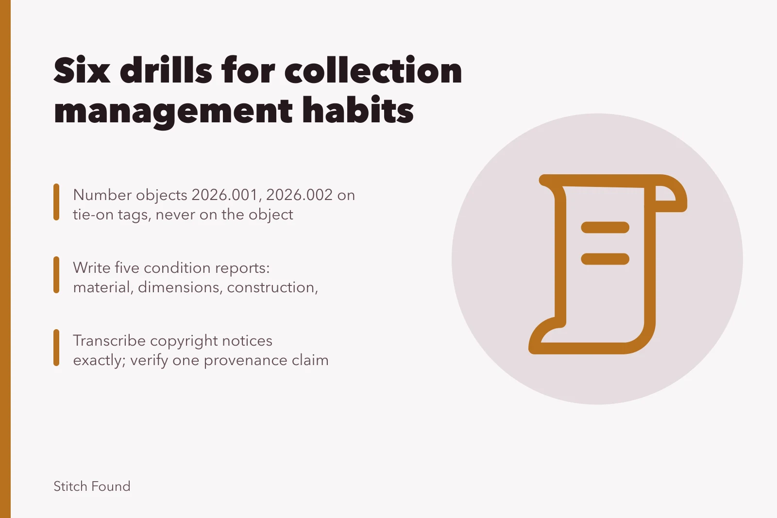 Card listing six collection management drills: numbering, condition reports, copyright, provenance. Six single-skill drills that sharpen sewing collection management habits