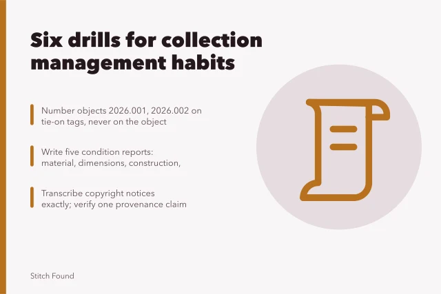 Card listing six collection management drills: numbering, condition reports, copyright, provenance. Six single-skill drills that sharpen sewing collection management habits