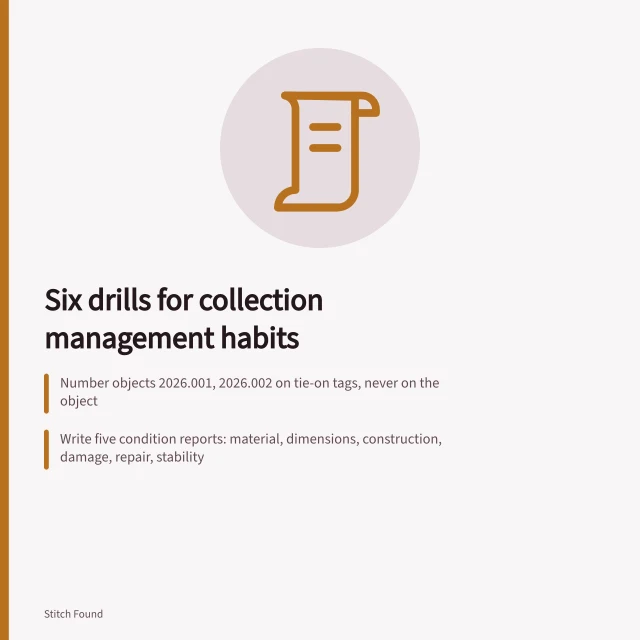 Card listing six collection management drills: numbering, condition reports, copyright, provenance. Six single-skill drills that sharpen sewing collection management habits
