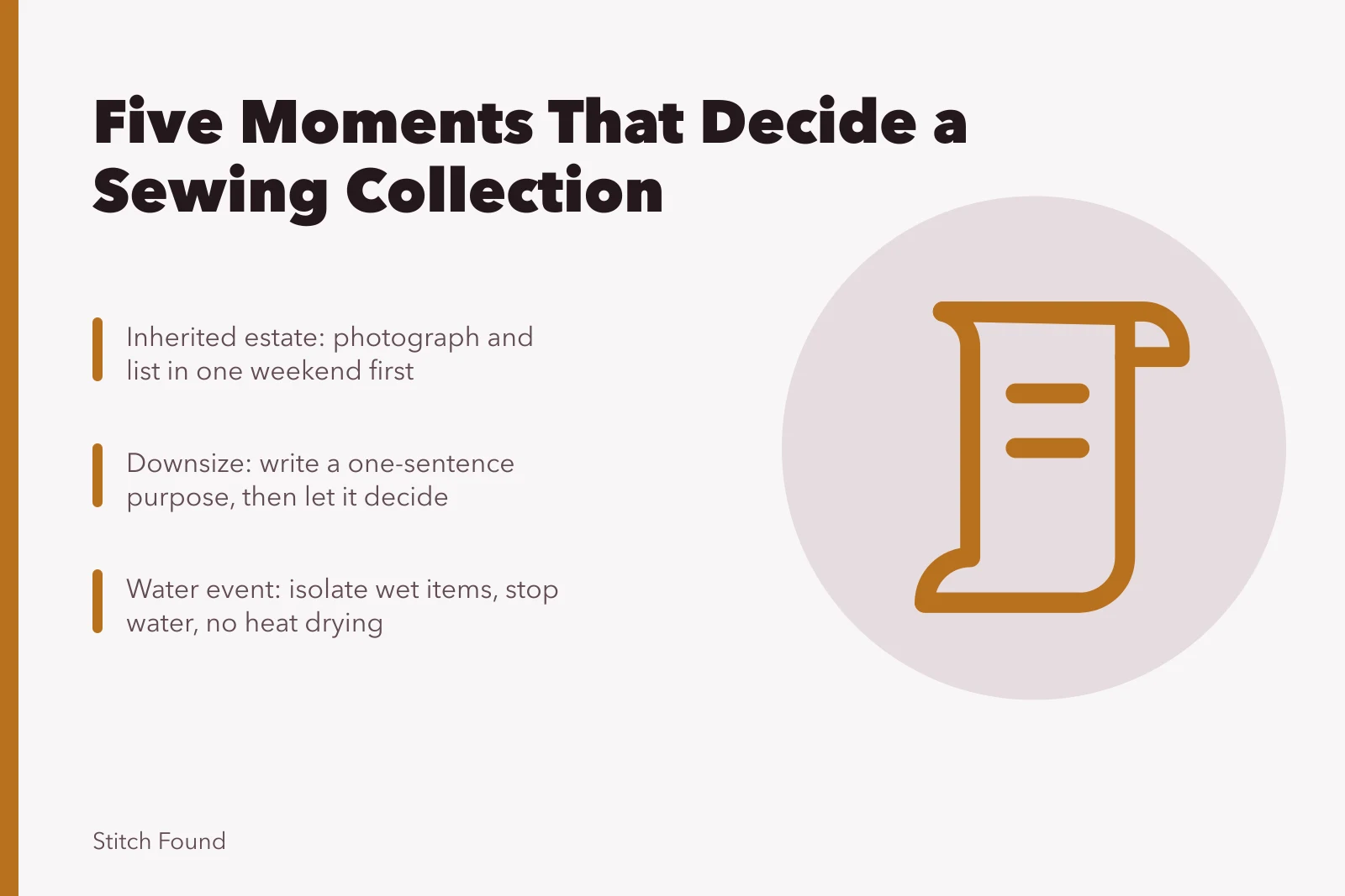 Card listing five situations that decide a sewing collection's fate. What five recurring situations reveal about owning a sewing collection
