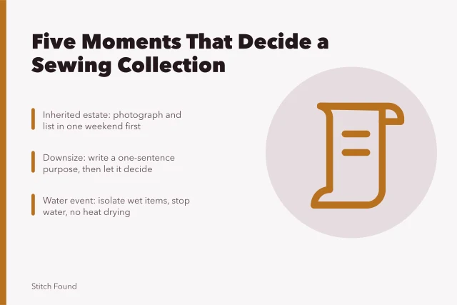 Card listing five situations that decide a sewing collection's fate. What five recurring situations reveal about owning a sewing collection