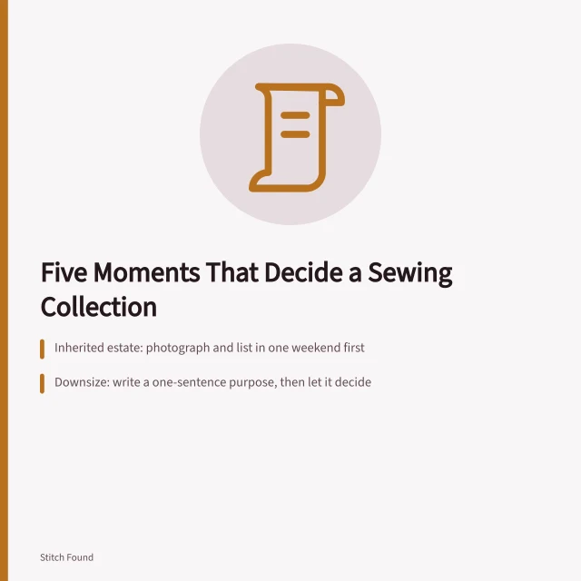 Card listing five situations that decide a sewing collection's fate. What five recurring situations reveal about owning a sewing collection