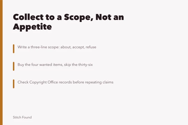 Card on collecting to a written scope and saying no to job lots. Beginner collectors can borrow scope, refusal and safety habits from dealers