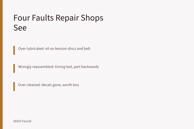 Repair counter card listing four common faults from home sewing machine restoration. Repair counters name the four faults a beginner restoration usually hides