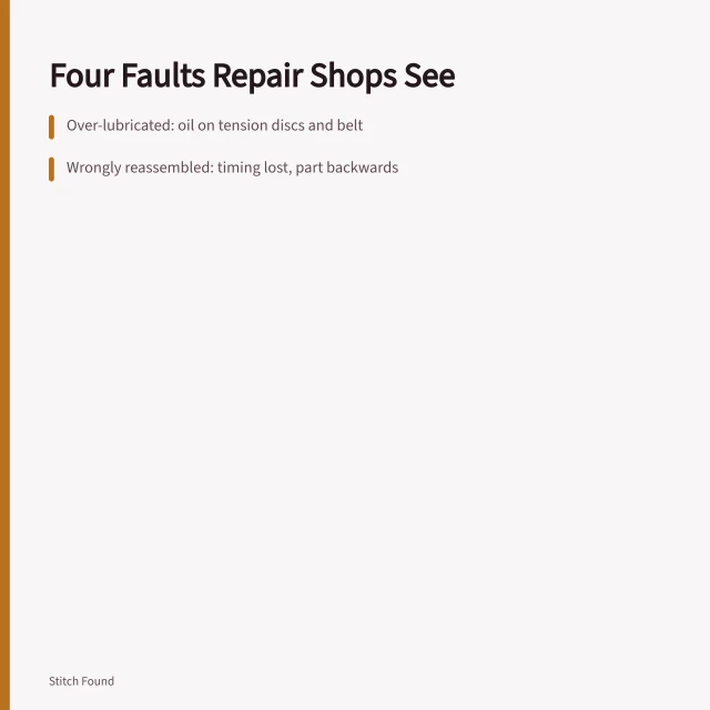 Repair counter card listing four common faults from home sewing machine restoration. Repair counters name the four faults a beginner restoration usually hides