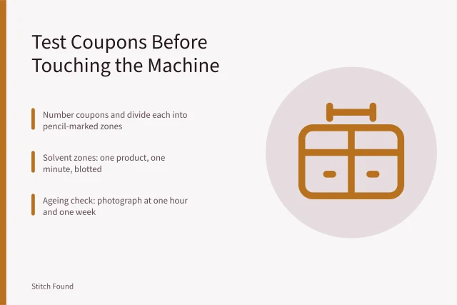 Numbered sewing machine restoration test coupons with solvent zones and cotton swab. 5 things worth knowing about beginner sewing machine restoration