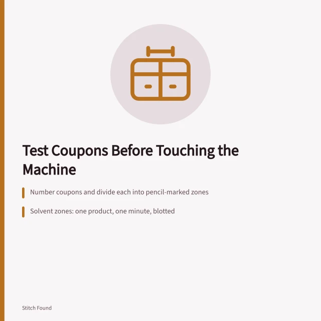 Numbered sewing machine restoration test coupons with solvent zones and cotton swab. 5 things worth knowing about beginner sewing machine restoration